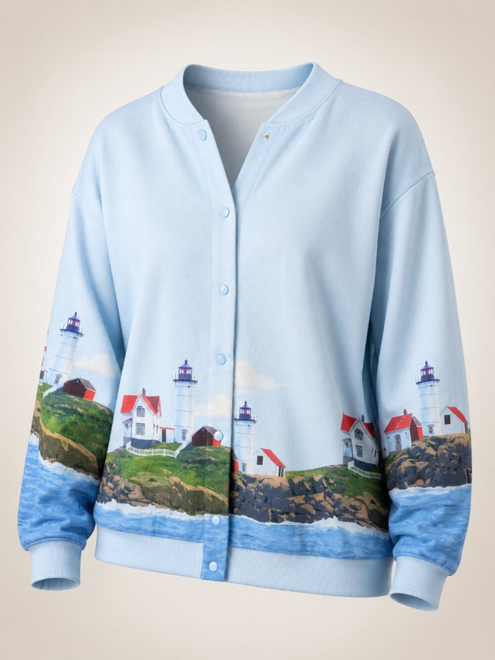 Blair Lighthouse Print Snap Front Sweatshirt Jacket XL Coastal Nautical Cardigan